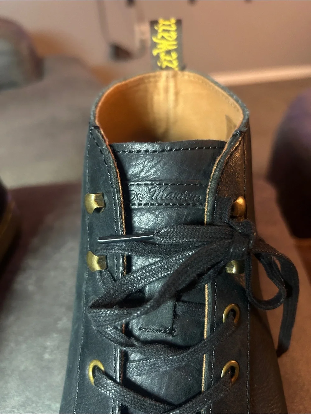 Dr. Martens Black Leather Lace-Up Boots with Gold Trim, Sz Men’s 9
